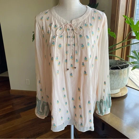 Sundance Embroidered Boho Silk Long Sleeve Peasant Blouse with Tie Neck - Picture 1 of 13